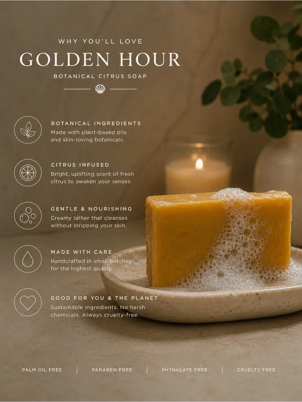 ByCoral | Golden Hour | Botanical Citrus Handmade Soap Bar | 3.7 oz